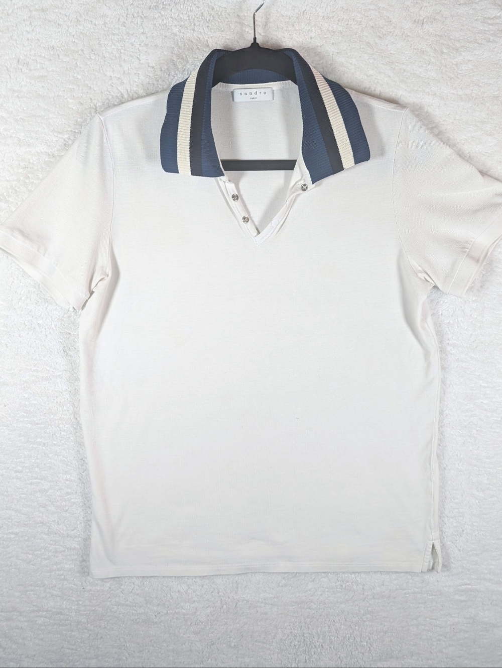 36-Sandro White Polo with Navy and White Striped Collar